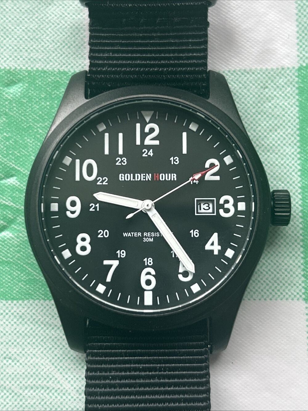 Golden Hour All Black Military Style Nylon Band Men’s Quartz Watch